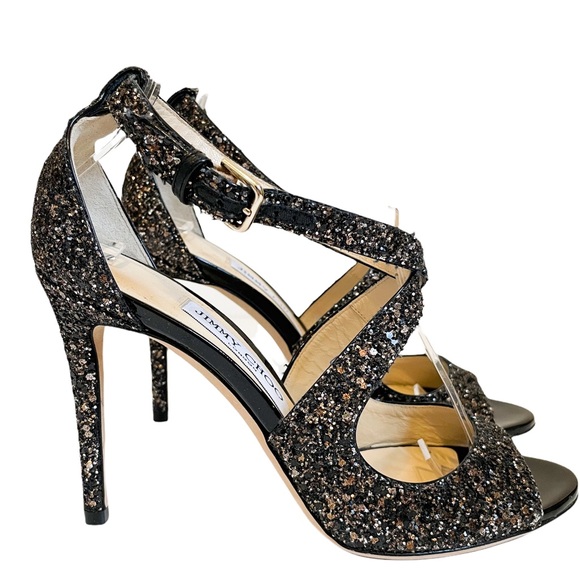 Jimmy Choo Emily 100 Bronze Mix Midnight Coarse Glitter Fabric Sandal EU 37.5 - Picture 2 of 11